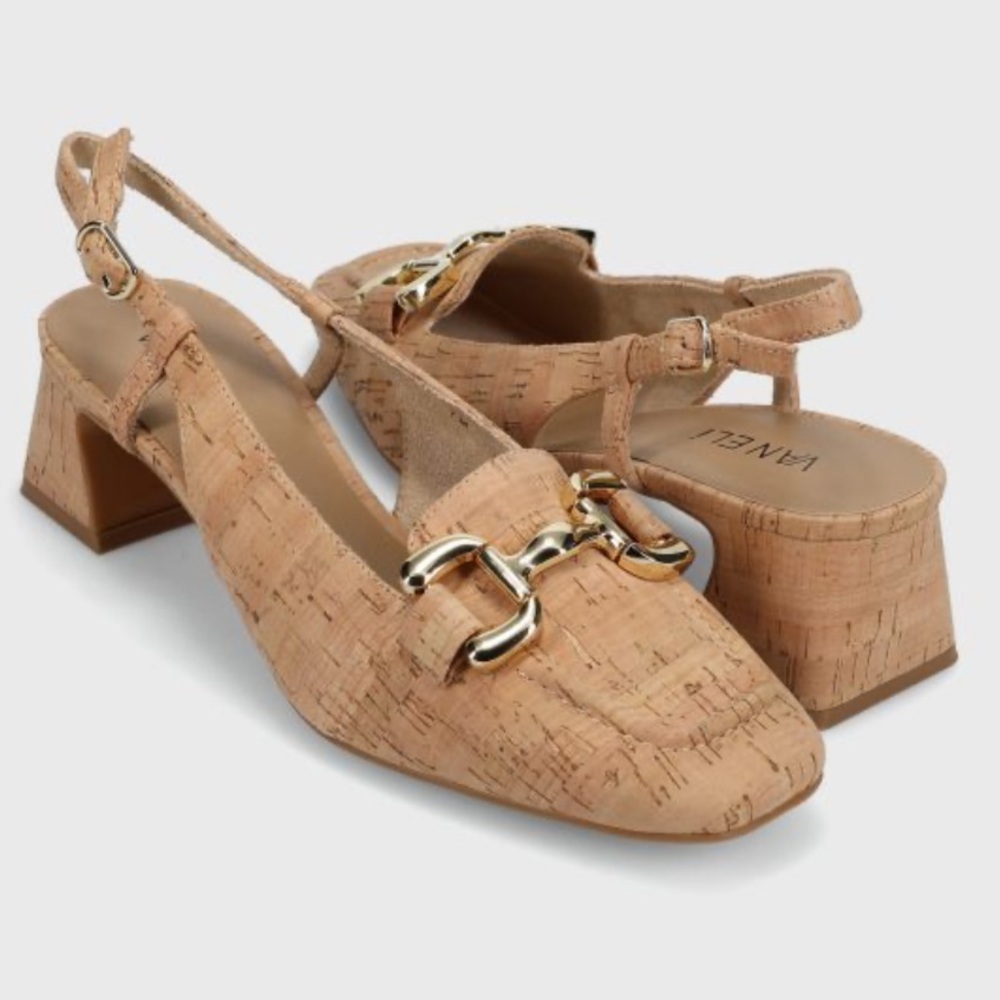 Vaneli Cork Slingback Block Heel Pumps in Natural Tan